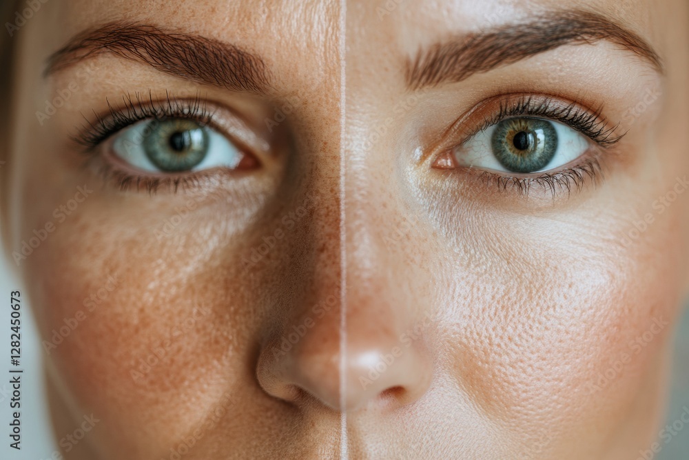 Poster split screen comparison of a womans face showcasing visible aging on one side and youthful smoothnes