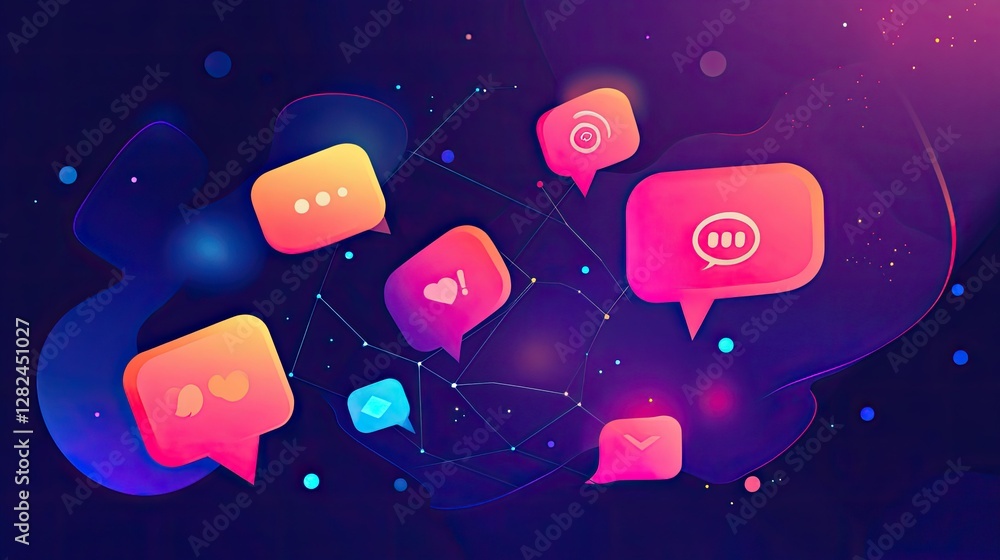 Poster a futuristic abstract design with floating digital chat icons and a connected network grid.