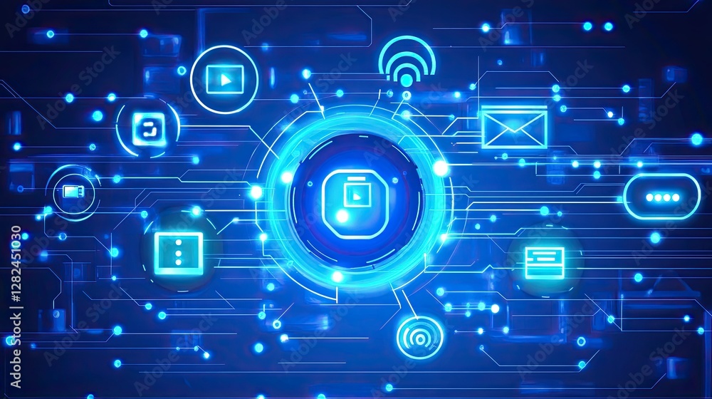Poster a futuristic blue background featuring glowing digital communication icons connected by data lines.