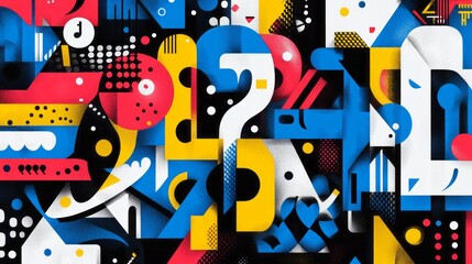 Obraz premium Geometric abstract composition with musical question mark and graphic shapes