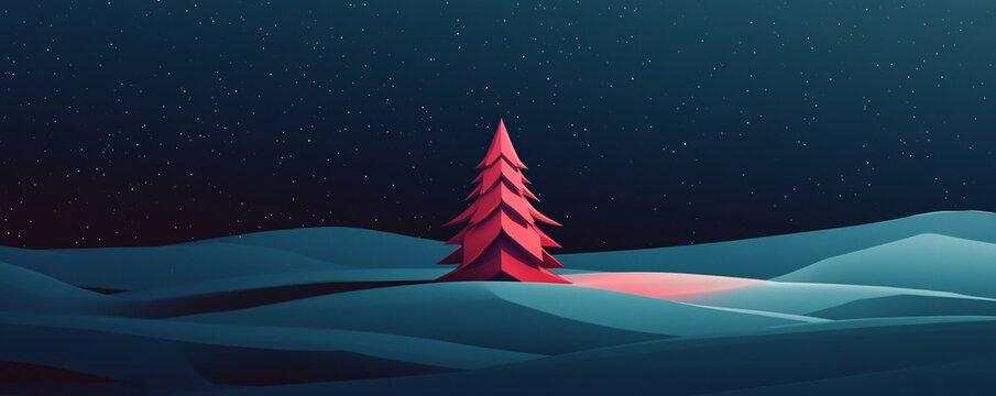Red christmas tree standing alone in a snowy landscape under the stars