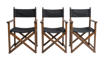 Vintage wooden director chairs with black fabric seats classic movie set furniture png