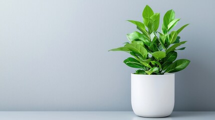 Green plant in white pot on grey background, minimalist home decor