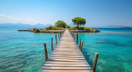 Obraz premium A wooden bridge leads to a small, tree-covered island surrounded by clear, turquoise water, under a clear blue sky.