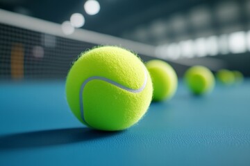 paddle tennis balls near the lines of a blue paddle tennis court, racket sports concept