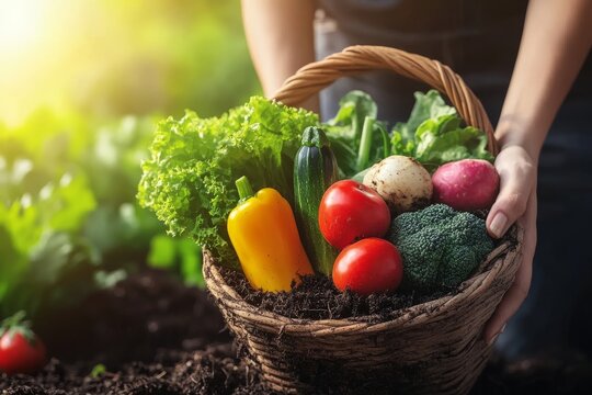 Fototapeta Woman holding basket full of fresh vegetables