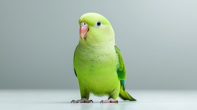 Small green parrotlet standing on a white surface against a clean grey studio background.
