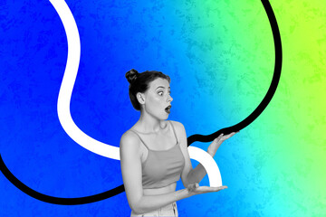 Composite art 3d creative image collage of inexperienced shocked girl hold graph doodle statistics...