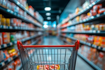 A blurred background of the interior of a grocery store with shelves full of products and a shopping cart in focus, no people, shot from inside a supermarket trolley. 
