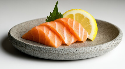 Fresh Salmon Slices on Plate with Lemon and Shiso Leaf Garnish