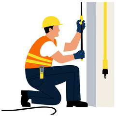 A construction worker using a tool on a building site, wearing safety gear.