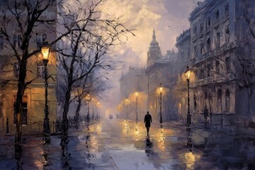 Rainy Evening Stroll, European City Street Scene