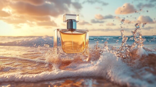 A bottle of perfume on the beach, waves hitting it, sunset light, sea background, close-up, product photography, commercial advertising style, high resolution.