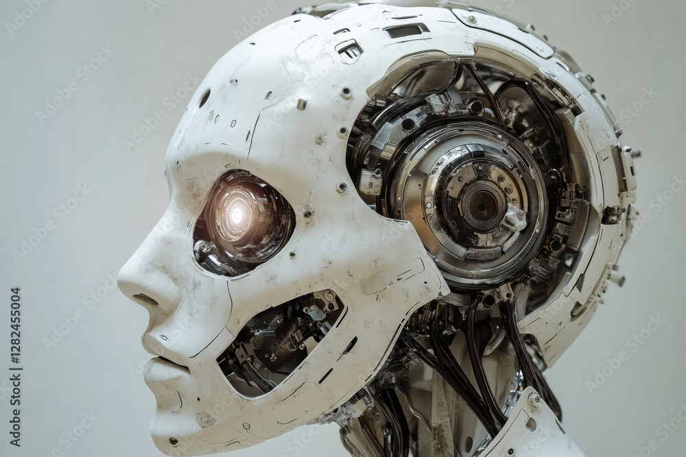 Poster side profile of a futuristic cyborg with mechanical structures and a glowing robotic eye. generative