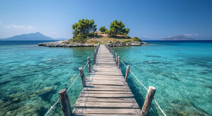 Obraz premium A wooden bridge leads to a small, tree-covered island surrounded by clear, turquoise water, under a clear blue sky.