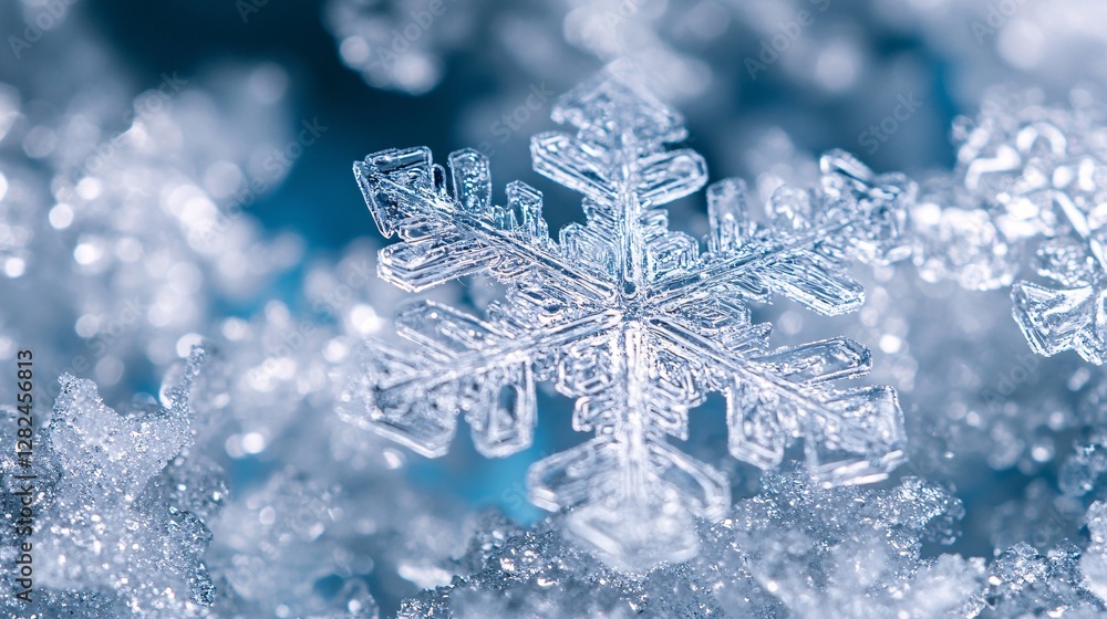Poster macro snowflake sparkling on ice crystals with blue background