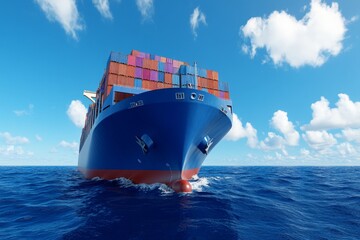 Panoramic front view of a cargo ship carrying containers for import and export, business logistic and transportation in open sea with copy space