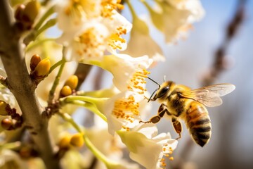 Honey bee on tree with blossoms