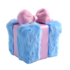 Fluffy 3D Cartoon Gift Box with Puffy Bow in Pink and Blue Isolated on Transparent Background
