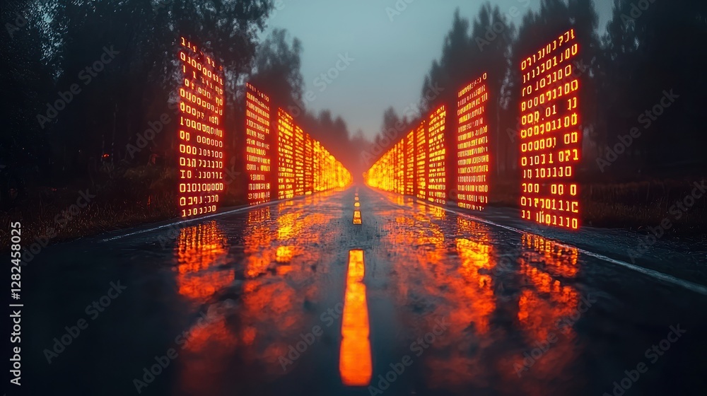 Poster binary data floats over an empty road leading through a dark forest, concept art