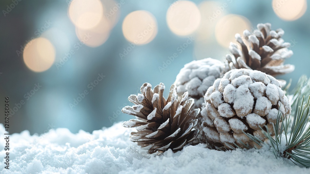 Poster Pine cones resting on snow with sparkling christmas lights in background