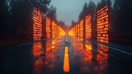 Binary data floats over an empty road leading through a dark forest, concept art