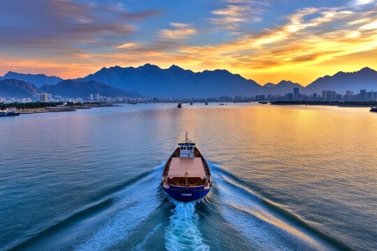 Persian Gulf in June, a stunning low-light shot of a cargo ship navigating through the busy Strait of Hormuz, with the Iranian coastline in the background