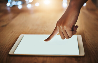 Blank space, hand and person with tablet screen in office for research on creative magazine blog...