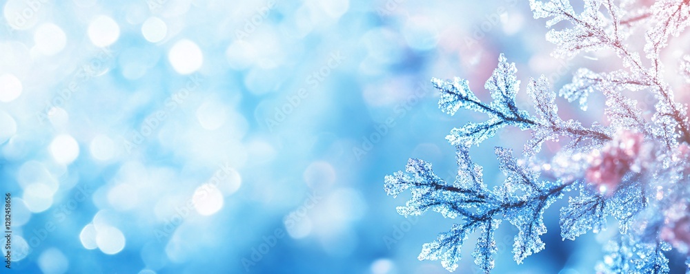 Poster Frozen leaves creating beautiful snowflake shape on blurred winter background