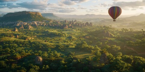 Fototapeta premium Breathtaking aerial view of a colorful hot air balloon floating over a lush green landscape with mountains and beautiful clouds