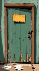 Illustrative digital depiction of a weathered green wooden door with peeling paint, brass doorknobs, and a blank yellow sign, set within a textured wall.