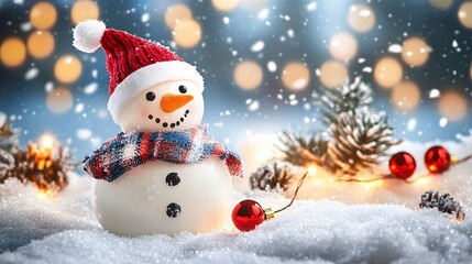 Fototapeta premium Snowman wearing scarf and santa hat enjoying christmas lights and snowfall
