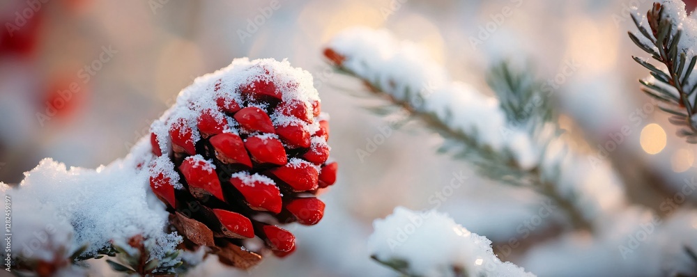 Poster red pine cone covered with snow on a branch in winter