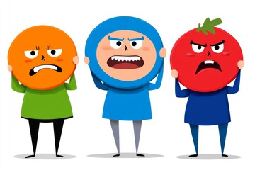 Fototapeta premium Playful people holding large circles with faces instead of heads Big round colorful heads with various Emotions Different mood concept Hand drawn Vector illustration Every person is isolated
