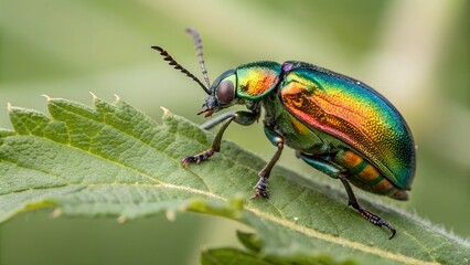 Fototapeta premium Iridescent Jewel Beetle on Leaf: A vibrant jewel beetle, showcasing a stunning display of iridescent colors, rests delicately on a textured green leaf, captured in exquisite detail.