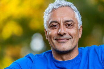 Portrait of a smiling middle-aged Hispanic man wearing a blue shirt, sitting outdoors with a blurred background of autumn foliage