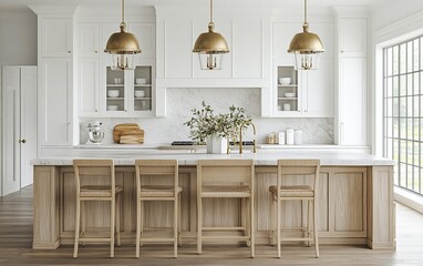 Fototapeta premium 3D rendering of a modern farmhouse kitchen with an island and barstools in light wood, white cabinets, a marble backsplash, brass pendant lights, white walls, and a wooden floor. 