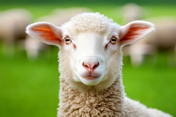 Obraz premium Portrait of lovely lamb staring at the camera in cattle barn In background flock of sheep eating food