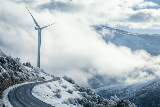 Wind turbine generating clean energy on snowy mountain road