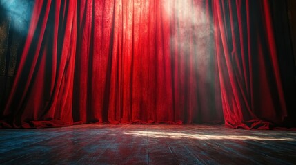 Red curtain with light streaming through creating a soft glow in a room setting