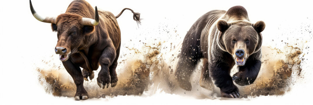 An angry bull and bear running towards the camera against a white background in a dynamic pose.