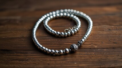 A simple, elegant silver prayer bead necklace resting on a wooden table