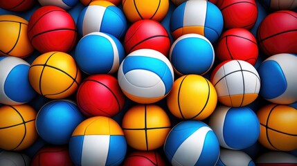 Top-view volleyball arrangement, sports branding concept, high-definition rendering with vibrant color tones.