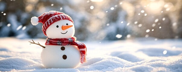 Fototapeta premium Snowman wearing red knitted hat and scarf enjoying snowfall in winter wonderland