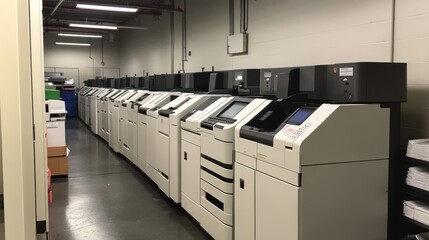 Automated printing equipment in a long, industrial facility