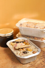 Fried Turnip Cake on wooden table. Traditional Chinese food. Fried Carrot Cake or local call name 