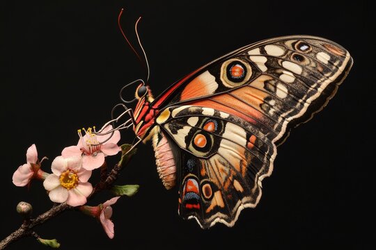 Colorful butterfly on branch with pink blossoms