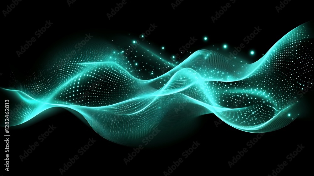 Aufkleber abstract glowing teal waves pattern against a stark black background creating a digital visual effec