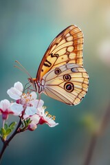 Obraz premium Yellow and orange butterfly on flower branch