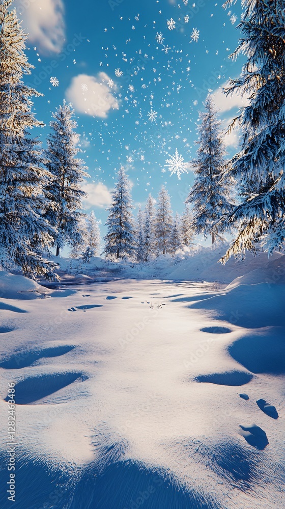 Poster snow falling on snowy pine forest with footprints in snow